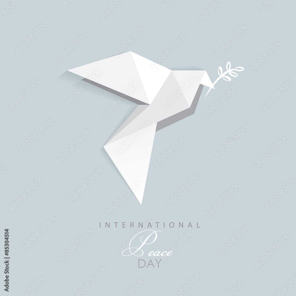 international day of peace- vector illustration of white origami dove with olive branch- flat design style - obrazy, fototapety, plakaty 