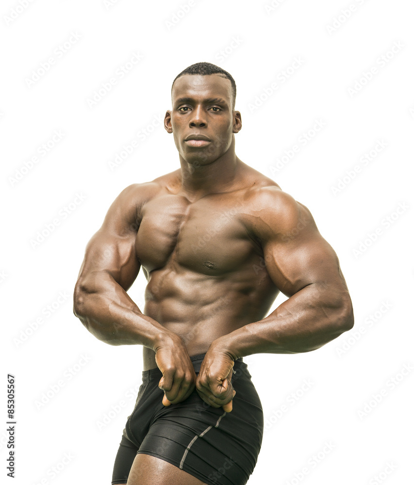 Attractive hunky black male bodybuilder posing