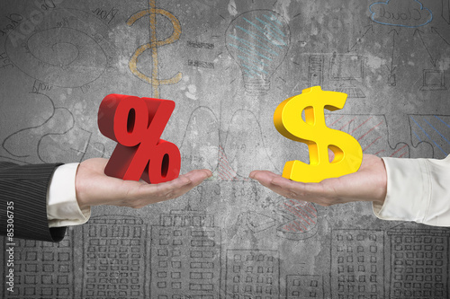 Dollar symbol and percentage sign with two hands