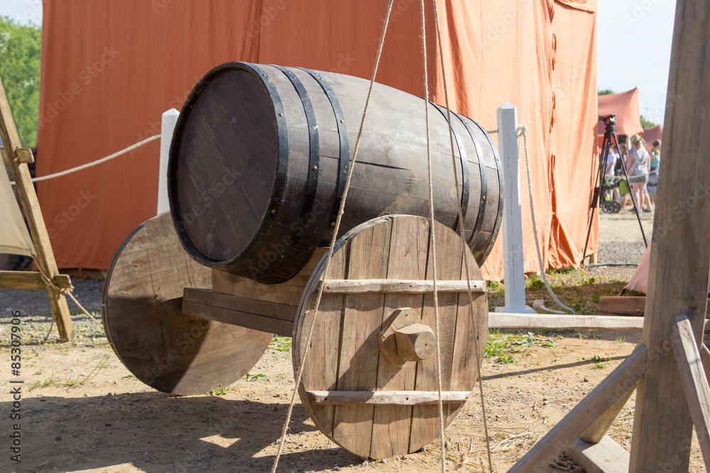 ancient wooden cart with wooden barrel ancient wooden cart with wooden barrel
