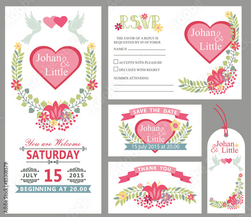 Cute wedding card design template set.Floral decor