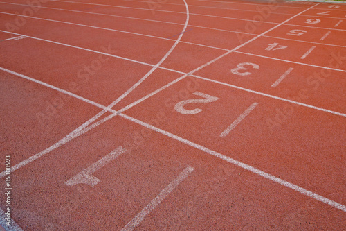 Athletic running track with number one,two,three, four,five and