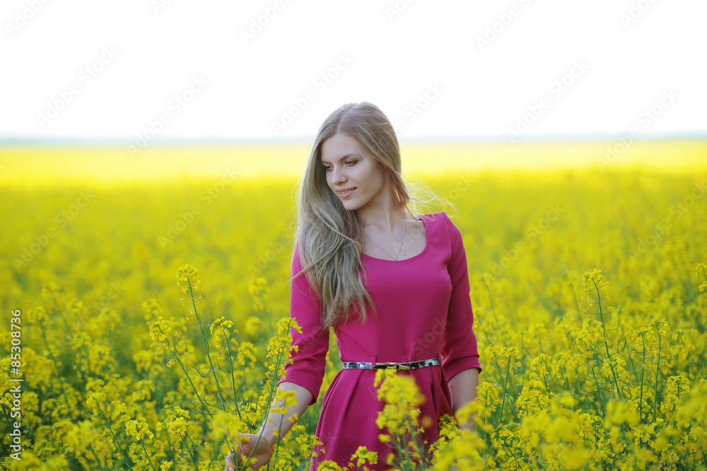 the lady in a red on a yellow rape field the lady in a red on a yellow rape field