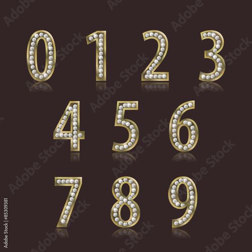 Shiny font of gold and diamond vector illustration. Luxury number set.