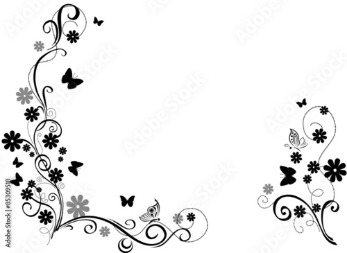 Black and white ornament with flower and butterfly.