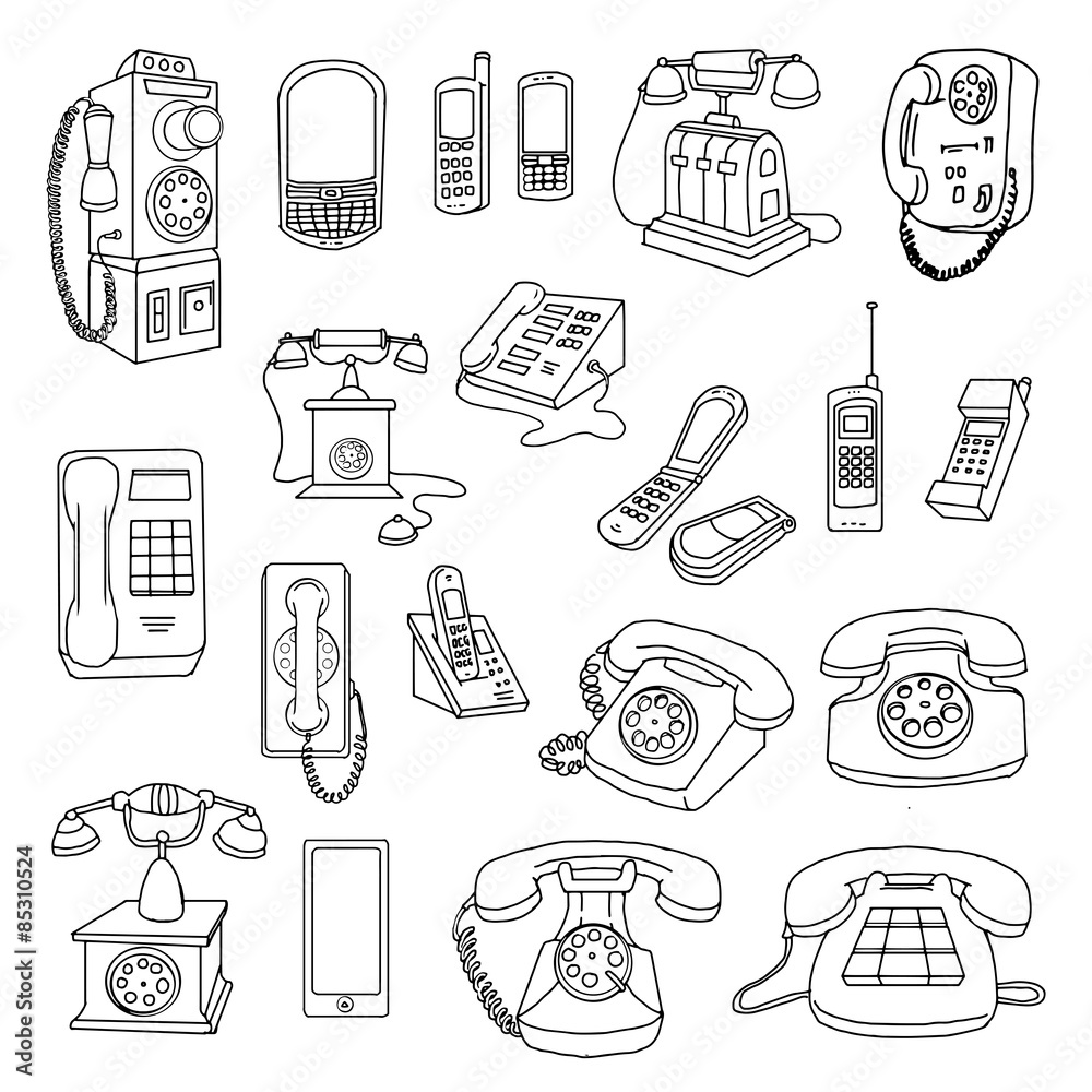 Vintage Phones, and modern Phones, hand drawn set
