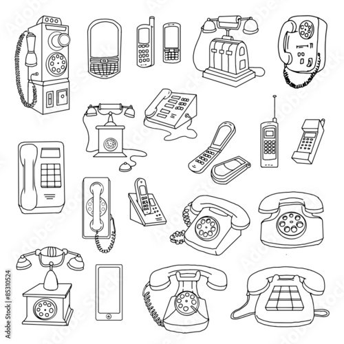 Vintage Phones, and modern Phones, hand drawn set