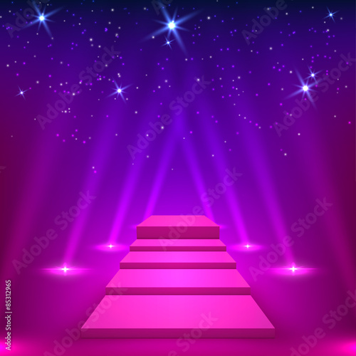 Purple lane with rays of spotlights. Podium for the winners. Vec
