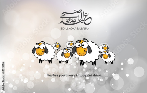 Eid adha Mubarak greeting card with silver background and Arabic calligraphy with comic sheep