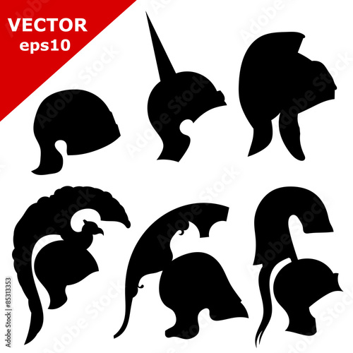 Set of silhouettes of ancient helmets. Vector illustration
