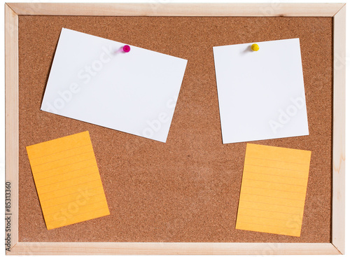 Blank papers pin up on cork board isolated on white background