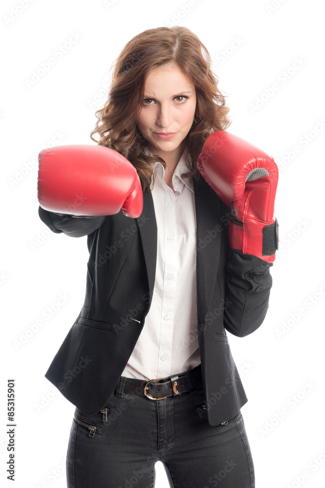 Businessfrau mit Boxhandschuhen Businessfrau mit Boxhandschuhen
