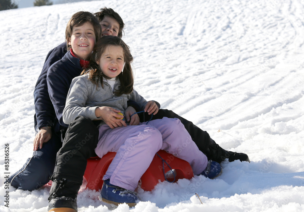 three smiling siblings over the sled in winter