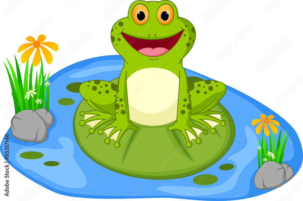 Fototapeta premium Happy frog cartoon sitting on a leaf