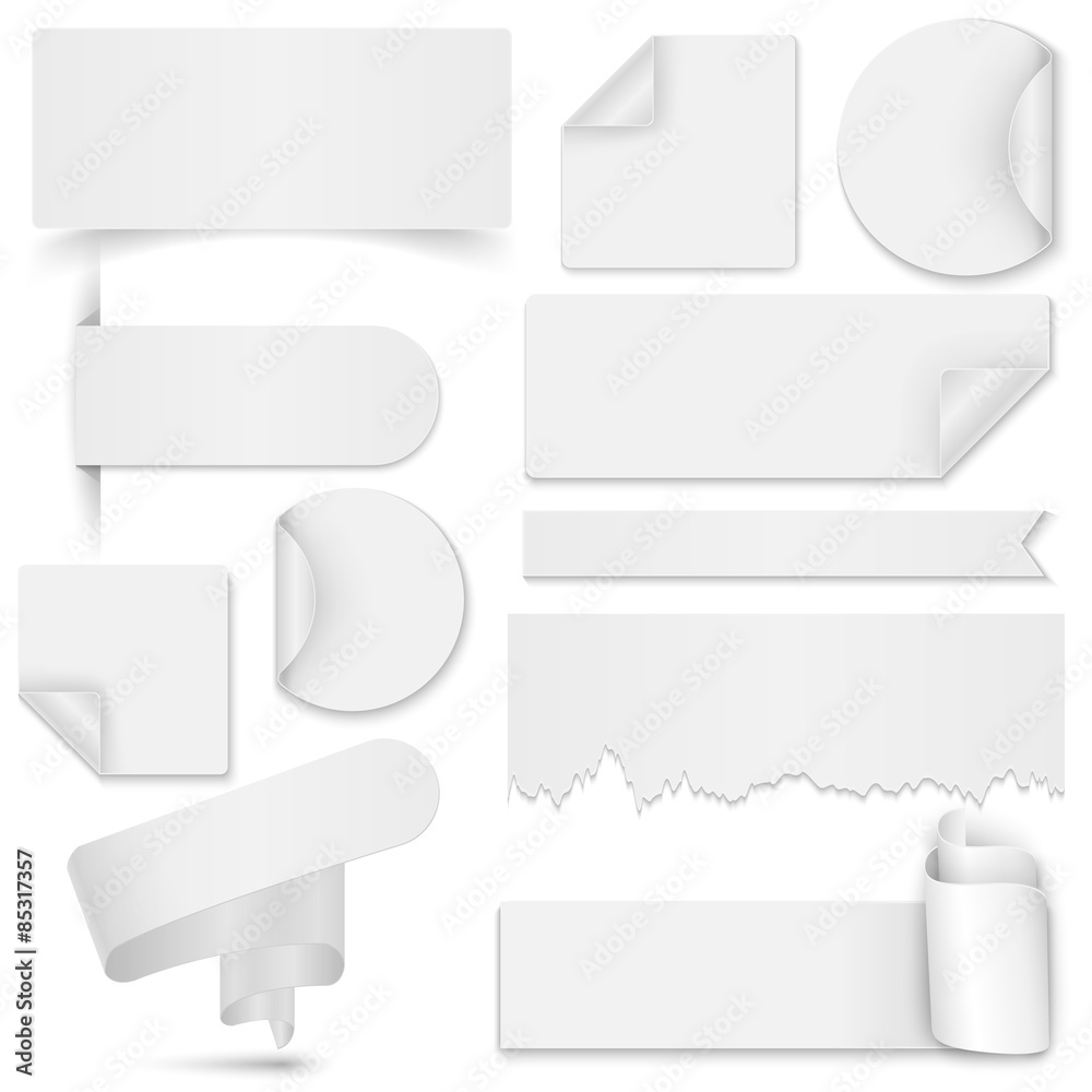Set of white paper stickers and banners Set of white paper stickers and banners