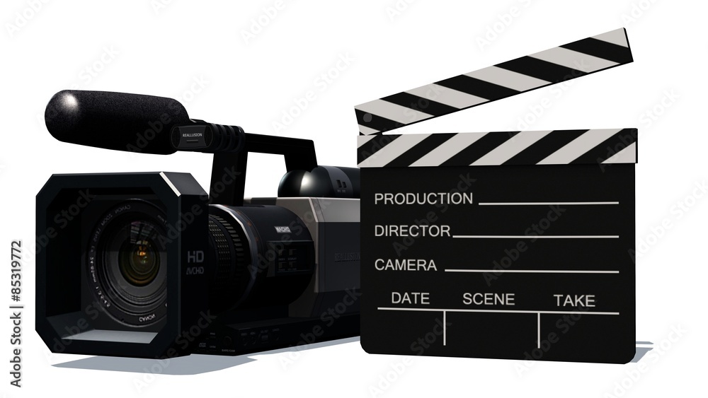 Fototapeta premium clapper board and HD camera isolated on white background