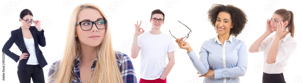 ophthalmology concept - young people in glasses isolated on whit ophthalmology concept - young people in glasses isolated on whit