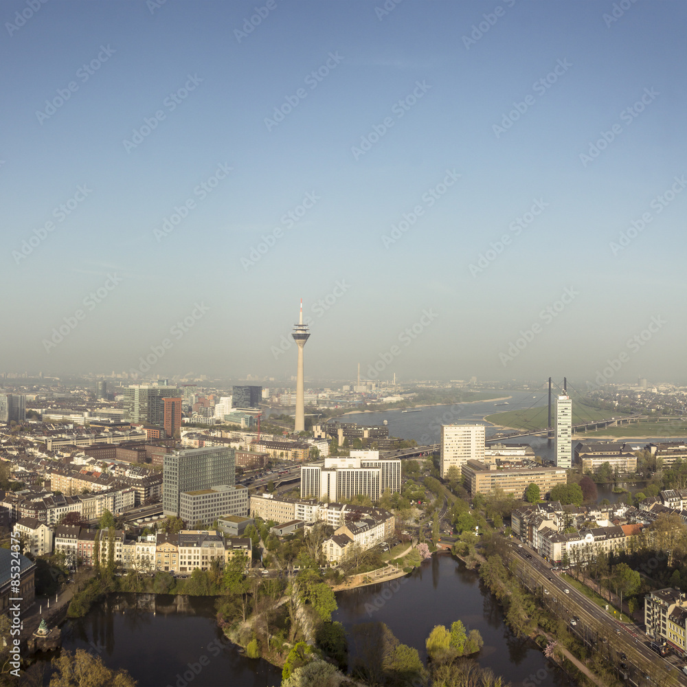 Germany, Dusseldorf, aerial view of the city with River Rhine and Rhine Tower Germany, Dusseldorf, aerial view of the city with River Rhine and Rhine Tower