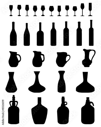 Black silhouettes of carafe, bottles and glasses, vector