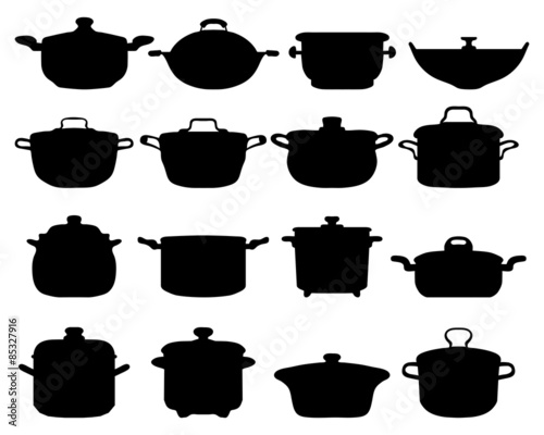 Black silhouettes of different pots and pans