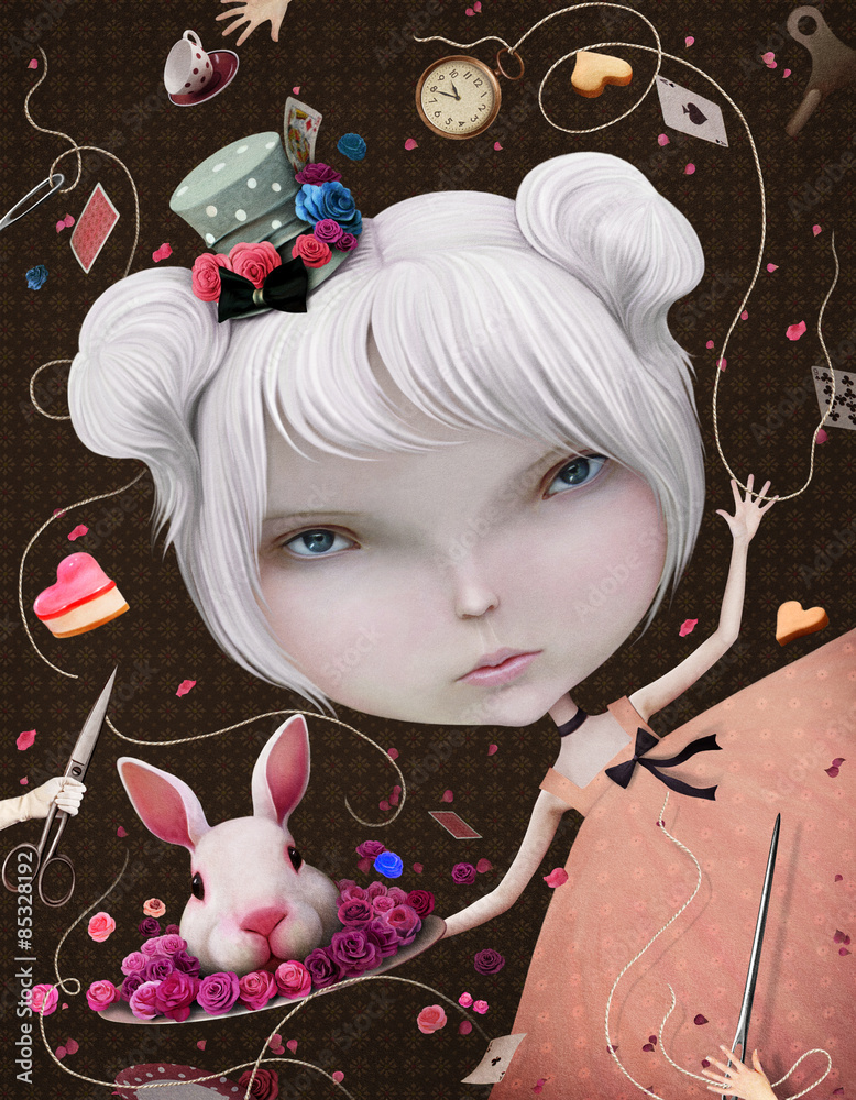 Illustration or postcard with Alice in Wonderland - obrazy, fototapety, plakaty 