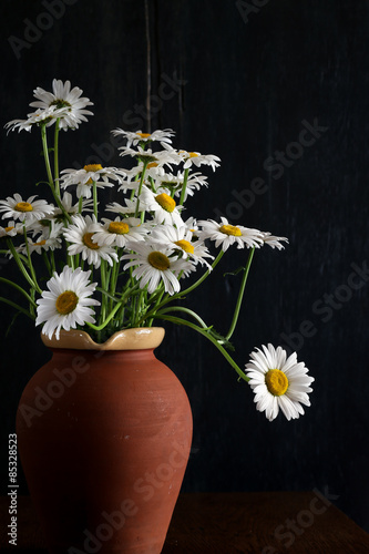 Daisy Bouquet in Brown Clay Vase Dark Background White Flowers