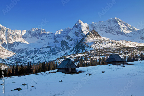 Mountain snowy landscape with wooden house