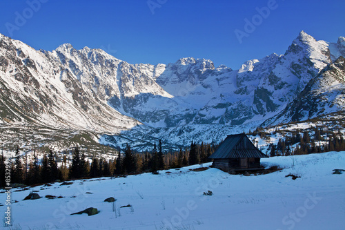 Mountain snowy landscape with wooden house