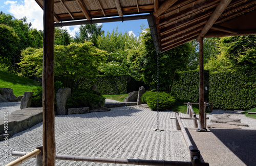 Photography Japanese zen garden in famous “Gardens of the World” in Berlin, Germany