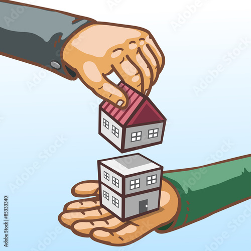 Real estate concept hands giving and receiving building