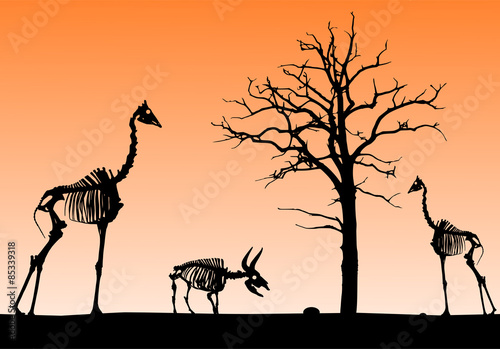 skeletons of animals and tree on horizon