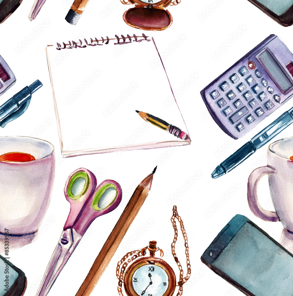 A seamless watercolor pattern of office objects A seamless watercolor pattern of office objects