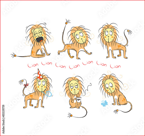 Fototapeta Naklejka Na Ścianę i Meble -  Set with six ridiculous comical lions.