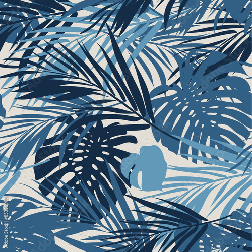 Tropical seamless monochrome blue indigo camouflage background