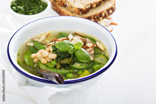 Minestrone soup with spring green vegetables