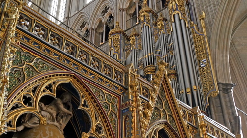 View from inside the Westminster Abbey. Seen are the big metal organ and the beautiful artworks