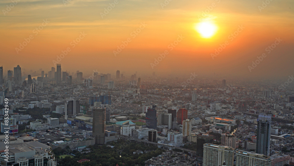 aerial view of Bangkok cityscape at sunset