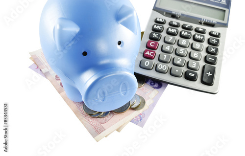 Piggy bank, money and calculator concept for saving cost in busi