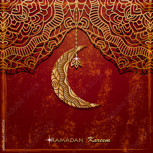shiny filigree decorative crescent moon and stars over dark grunge background for holy month of muslim community Ramadan Kareem