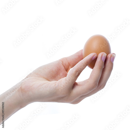 Female hand with a brown chicken egg