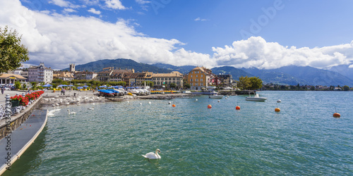 Switzerland, Vevey, Lake Geneva, townscape with swan
