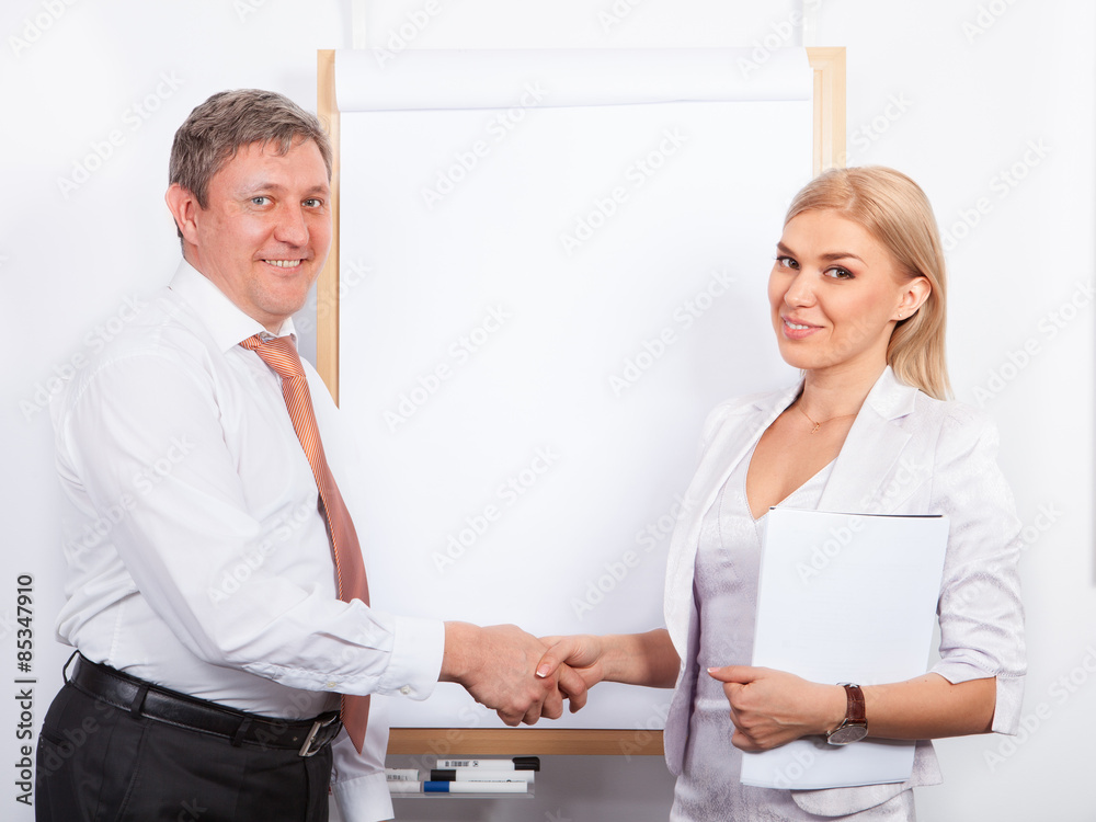 Fototapeta premium Business colleagues shaking hands in training class