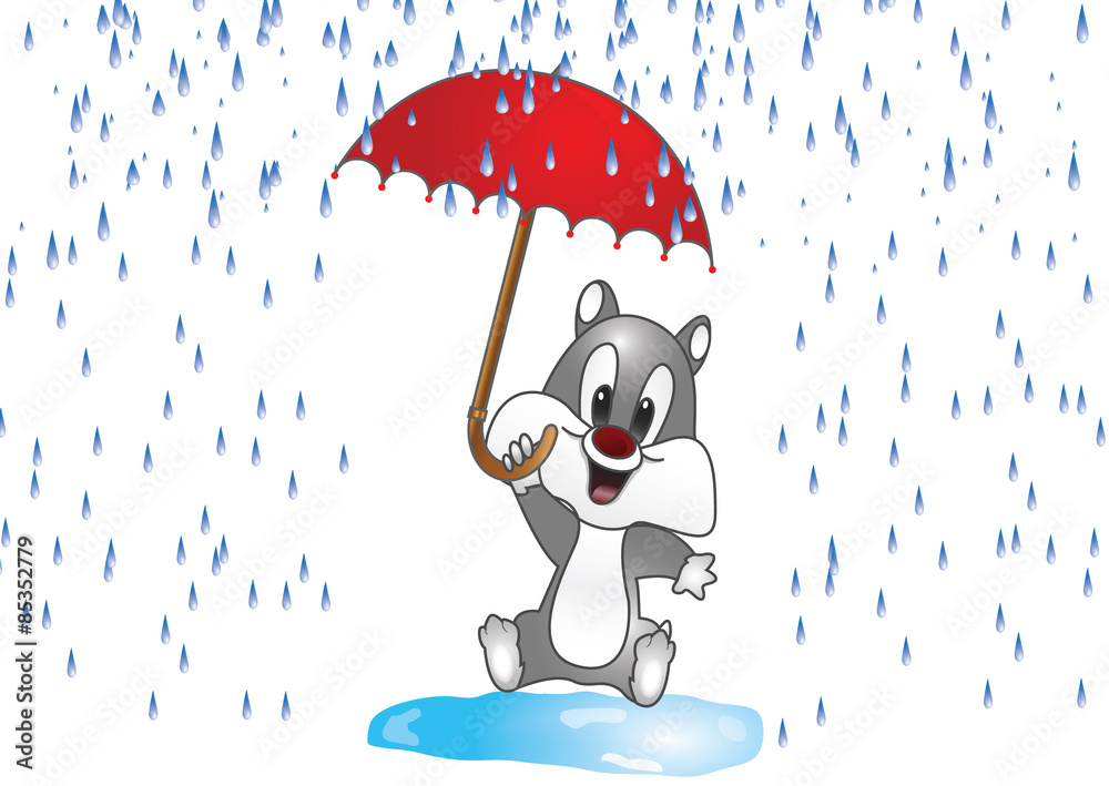 Gatto con ombrello sotto la pioggia Stock Vector | Adobe Stock