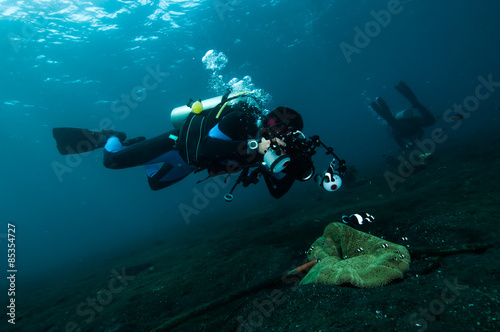diver take a photo video upon coral lembeh indonesia scuba diving