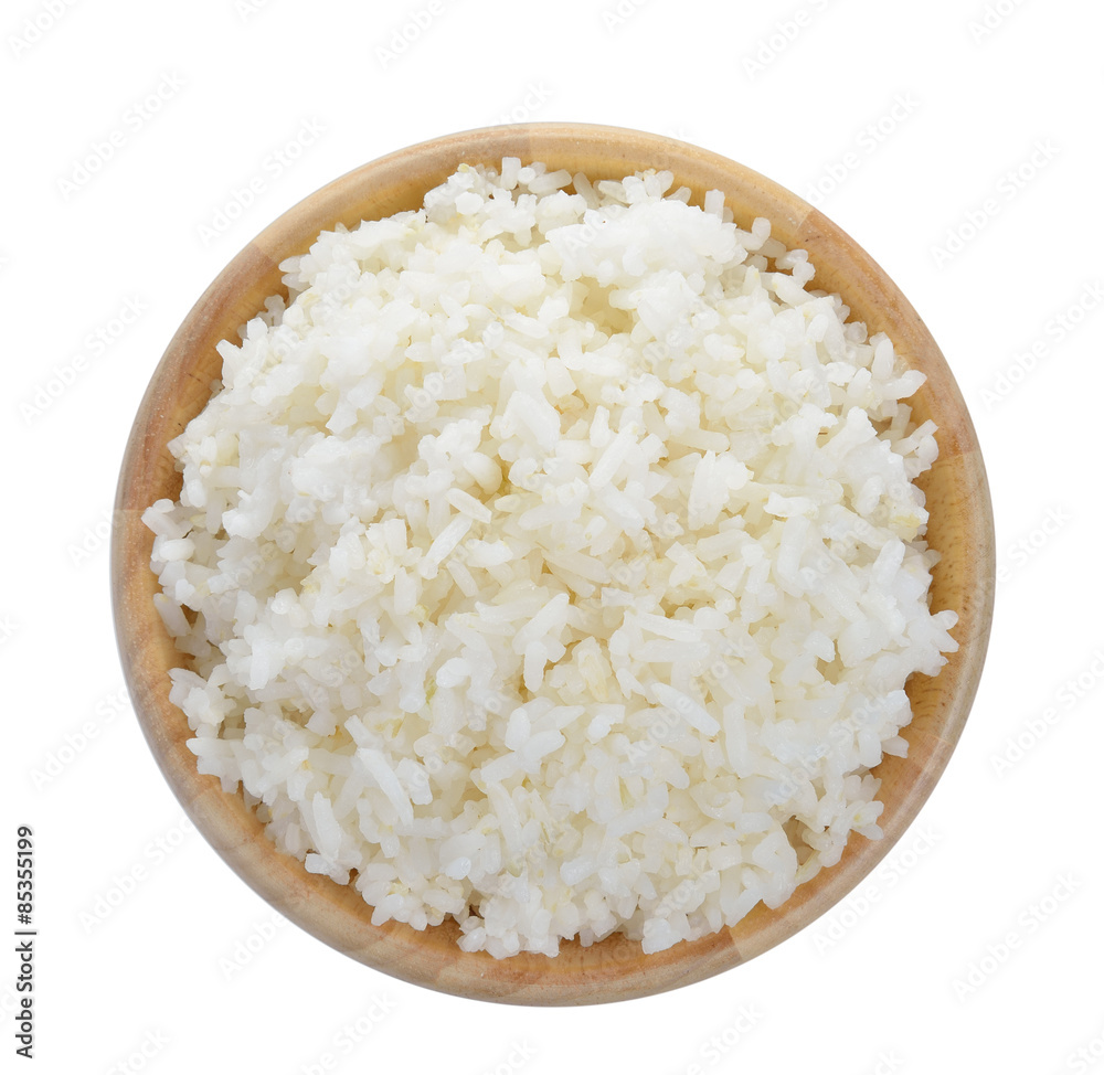 wood bowl full of rice on white background wood bowl full of rice on white background
