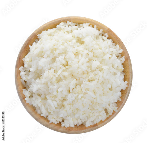 wood bowl full of rice on white background
