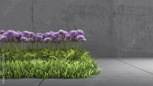Meadow with purple blossoms in between concrete surrounding, D Rendering #85356198