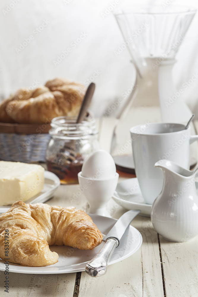 Breakfast with croissant, egg, coffee, honey and butter Breakfast with croissant, egg, coffee, honey and butter