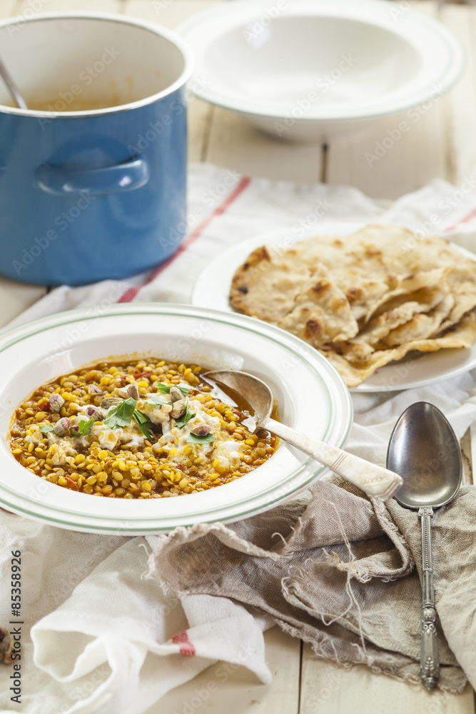 Dish of red lentil soup with yogurt Dish of red lentil soup with yogurt