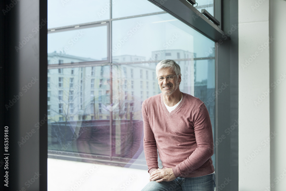 Portrait of smiling man with grey hair in front of a window